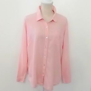 Susan Graver Long Sleeve Linen Blend Split Curved Hem Pink Button Shirt  Size MP